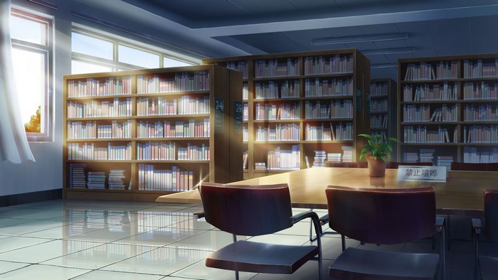 Anime library with bookshelves, tables, and chairs