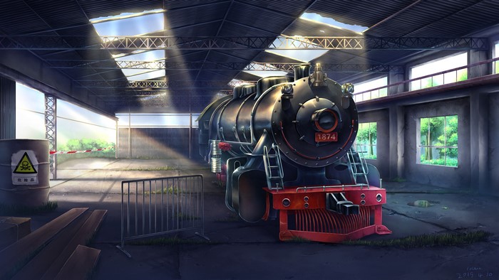Steam train in a sunlit industrial building