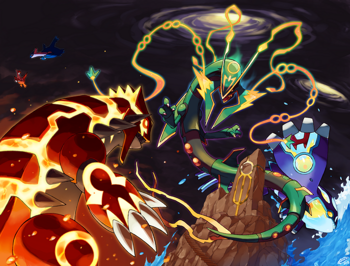Groudon, Kyogre, and Rayquaza from Pokémon