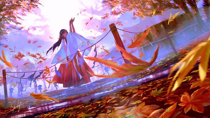 Anime girl in miko outfit dancing in autumn leaves