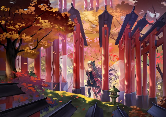 Anime girl with fox ears and tail in torii gate path