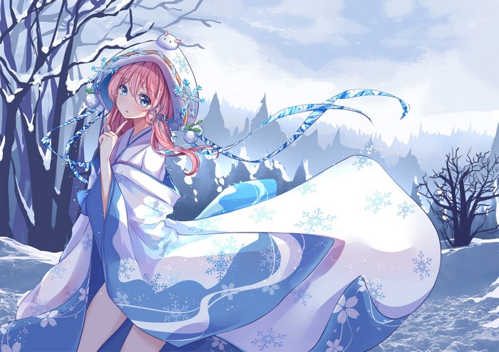 Anime girl in winter kimono with snowflakes