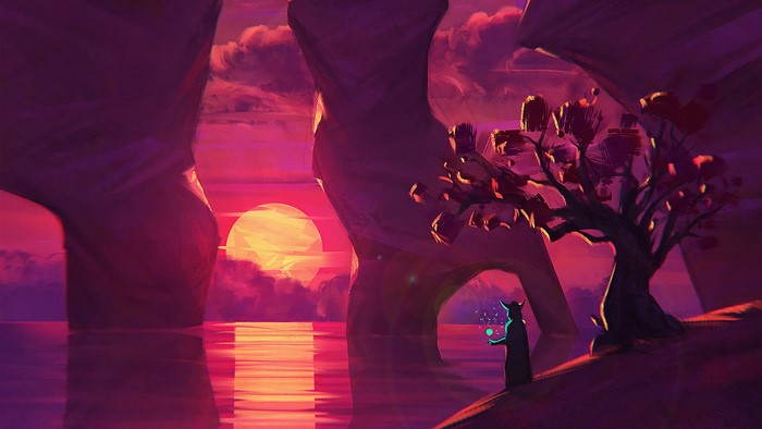 Fantasy landscape with a wizard at sunset