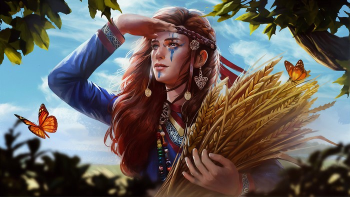 Fantasy woman with wheat and butterflies