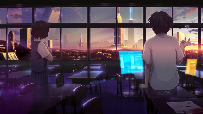 Futuristic classroom with students overlooking a city at sunset