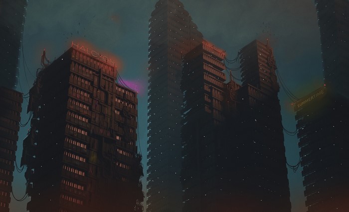 Futuristic city with neon signs HALCYON and SUMMERTIME
