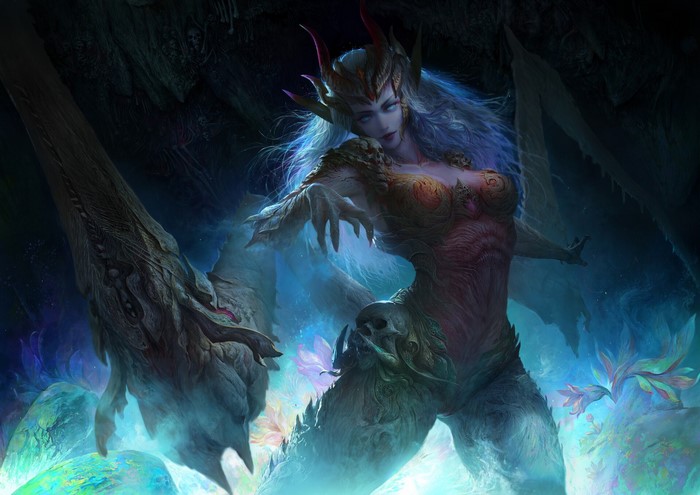 Fantasy creature with horns and white eyes in a dark cave
