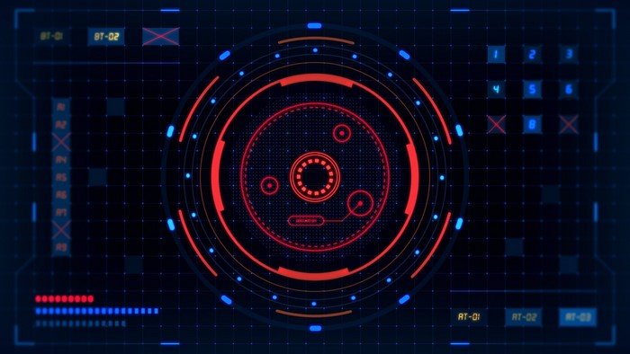 Sci-fi digital interface with circular display and keypad