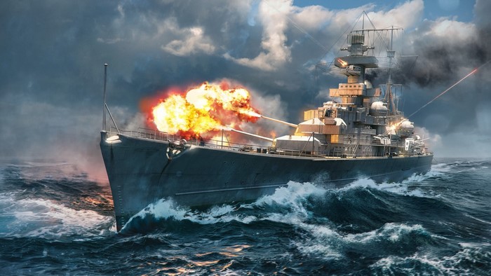 Battleship firing guns in World of Warships