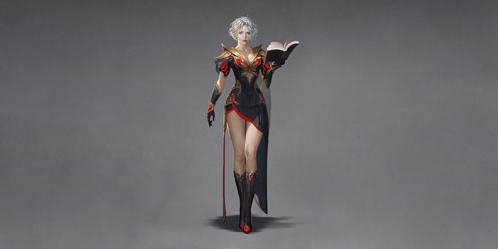 Fantasy woman with white hair holding a book