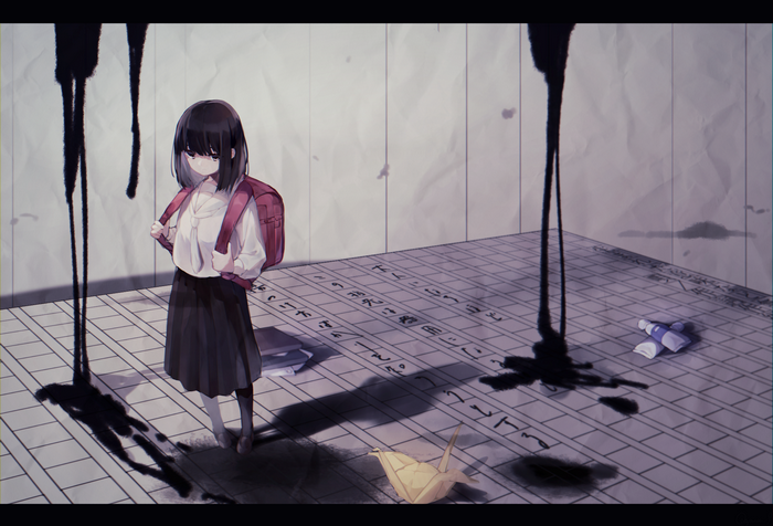Girl in school uniform with ink spills