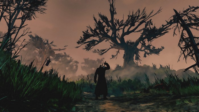 Geralt from The Witcher 3: Wild Hunt in a misty forest