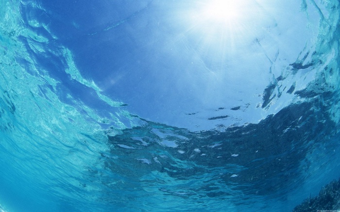 Underwater view of sun rays shining through water