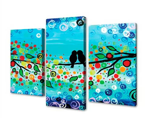 A bird couple, modular painting on canvas