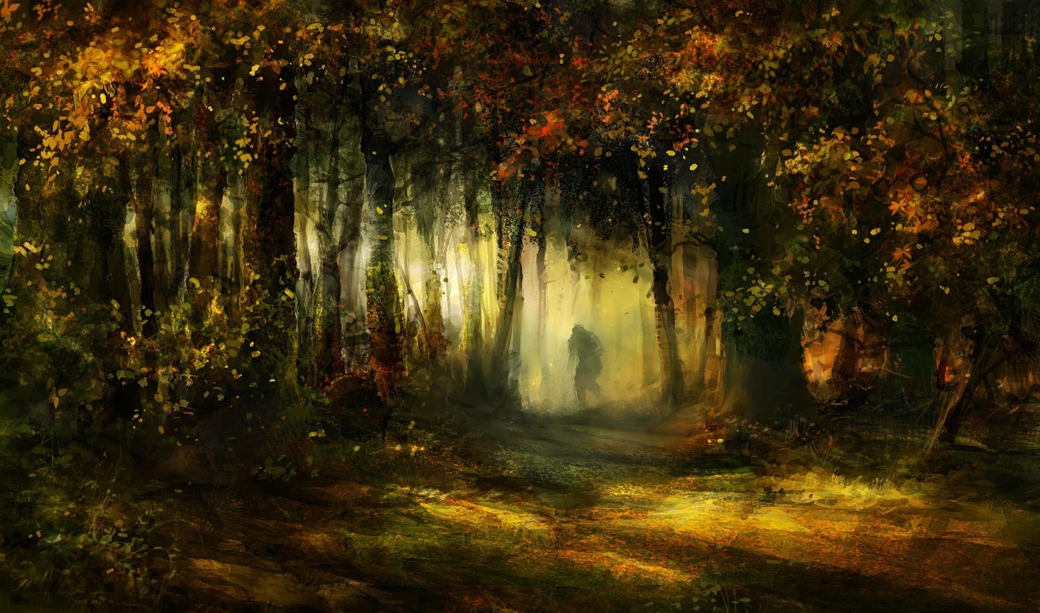 A lone figure walks through a sunlit autumn forest HD Wallpaper