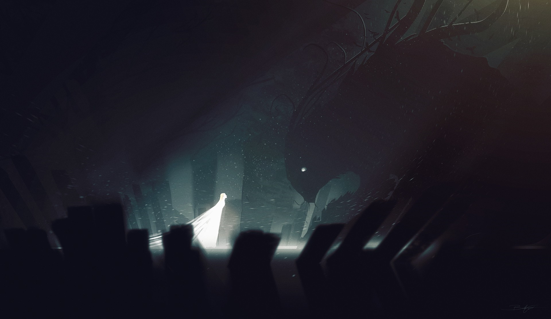 A glowing figure confronts a dark creature in a shadowy landscape HD Wallpaper