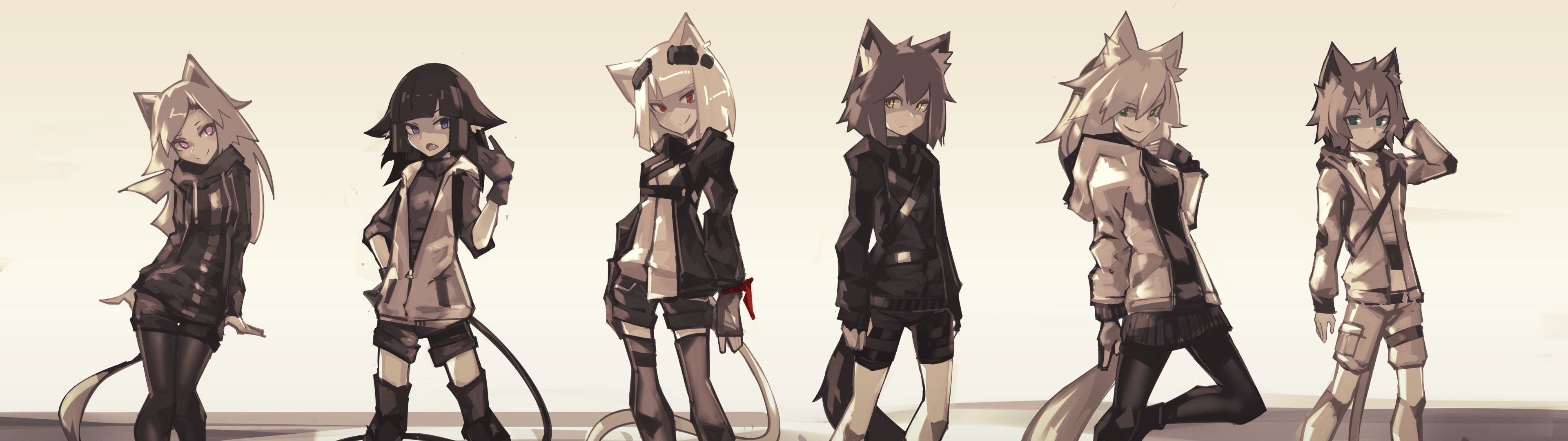 Six anime girls with animal ears and tails HD Wallpaper