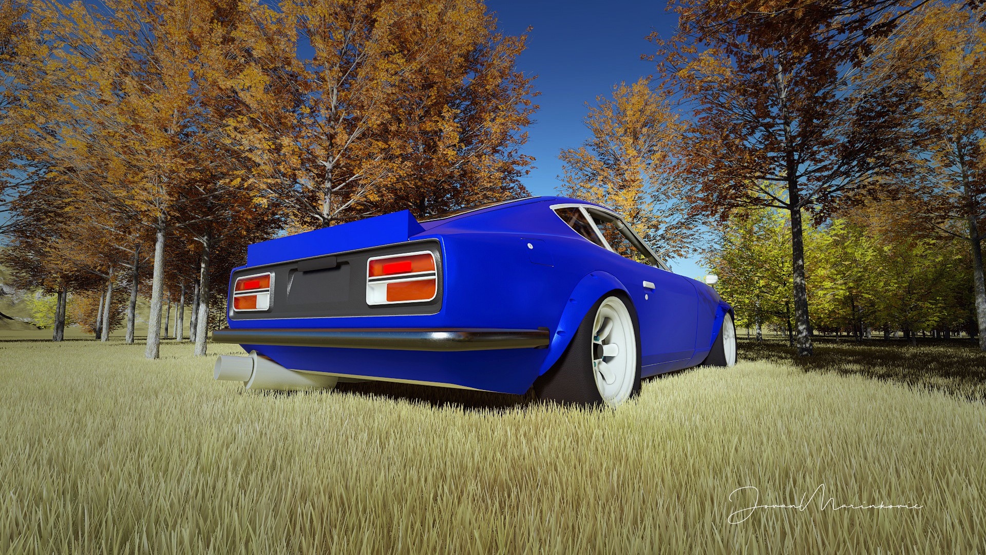 Blue Nissan Fairlady Z S30 in Autumn Forest HD Wallpaper