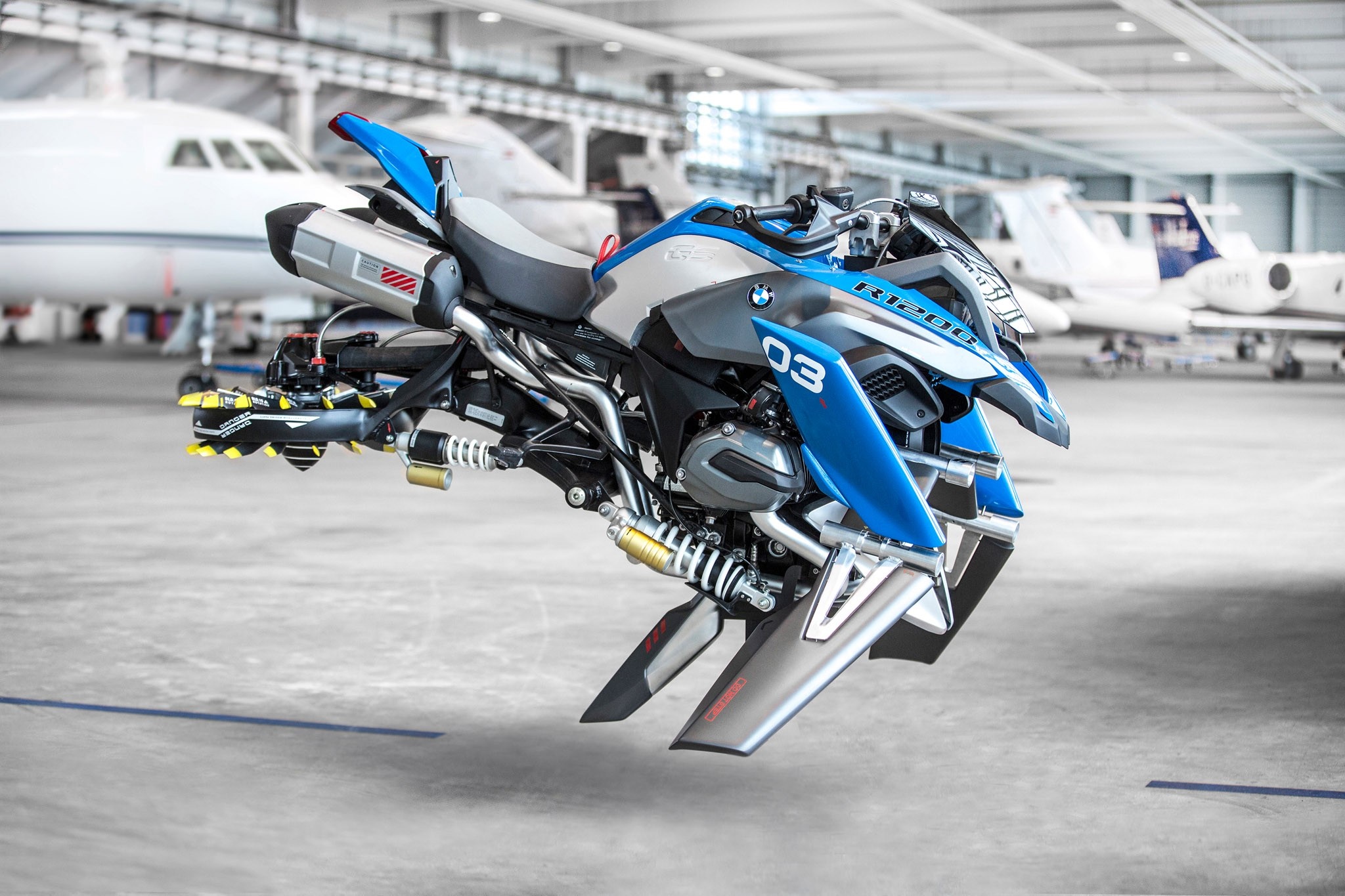 BMW R1200GS Hoverbike in Hangar HD Wallpaper