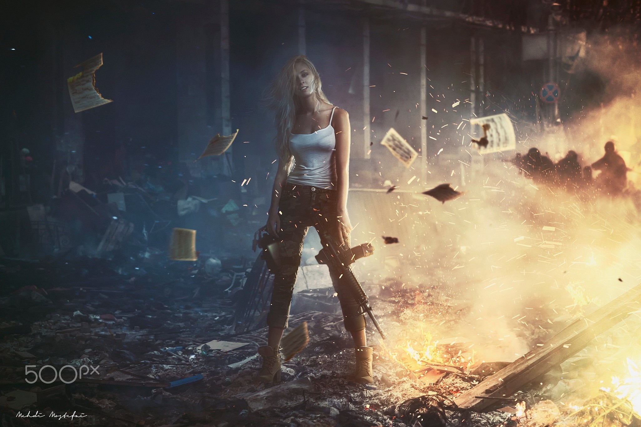 Woman with rifle in a war-torn city HD Wallpaper