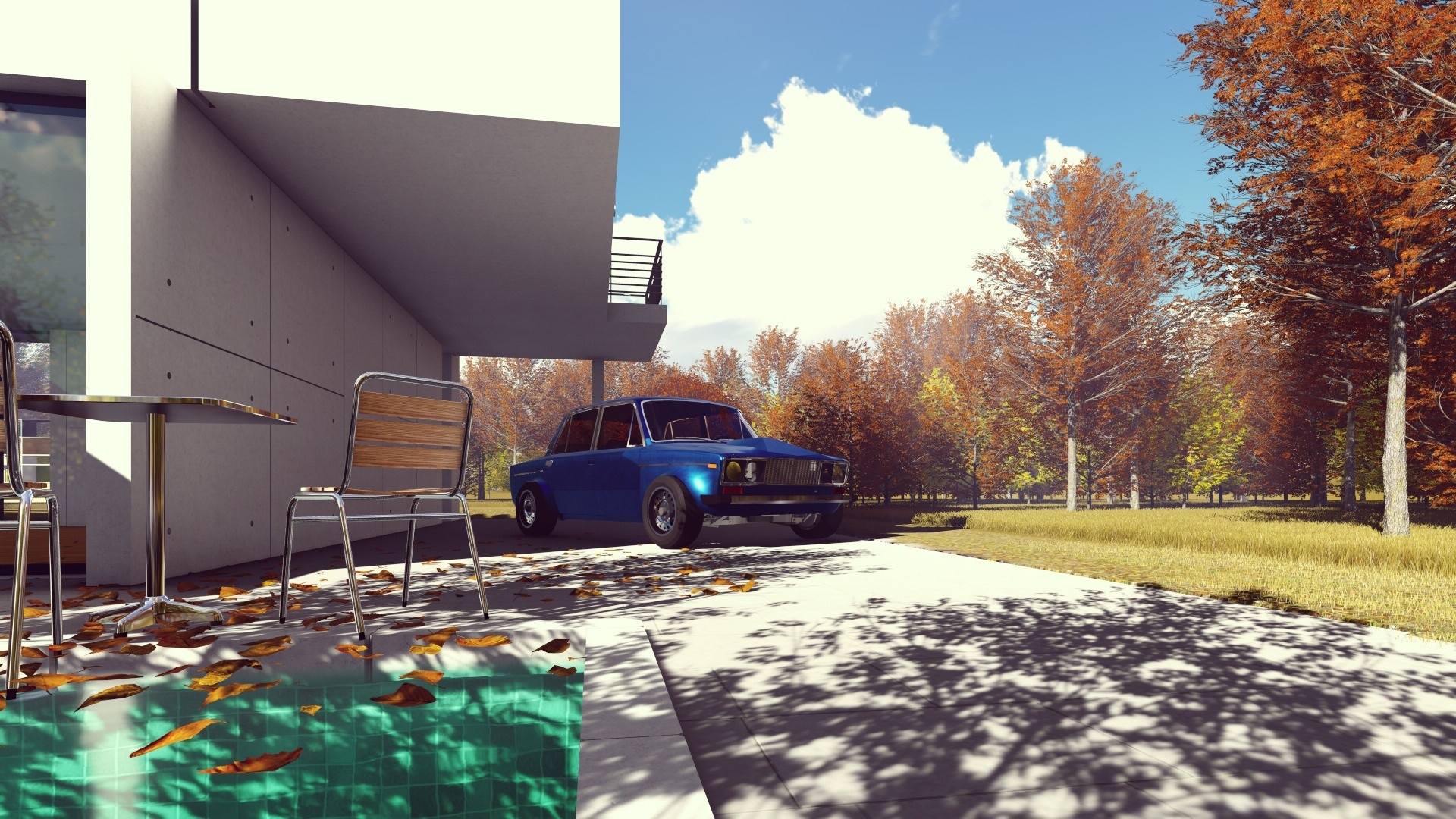 Blue LADA car parked near modern house in autumn HD Wallpaper