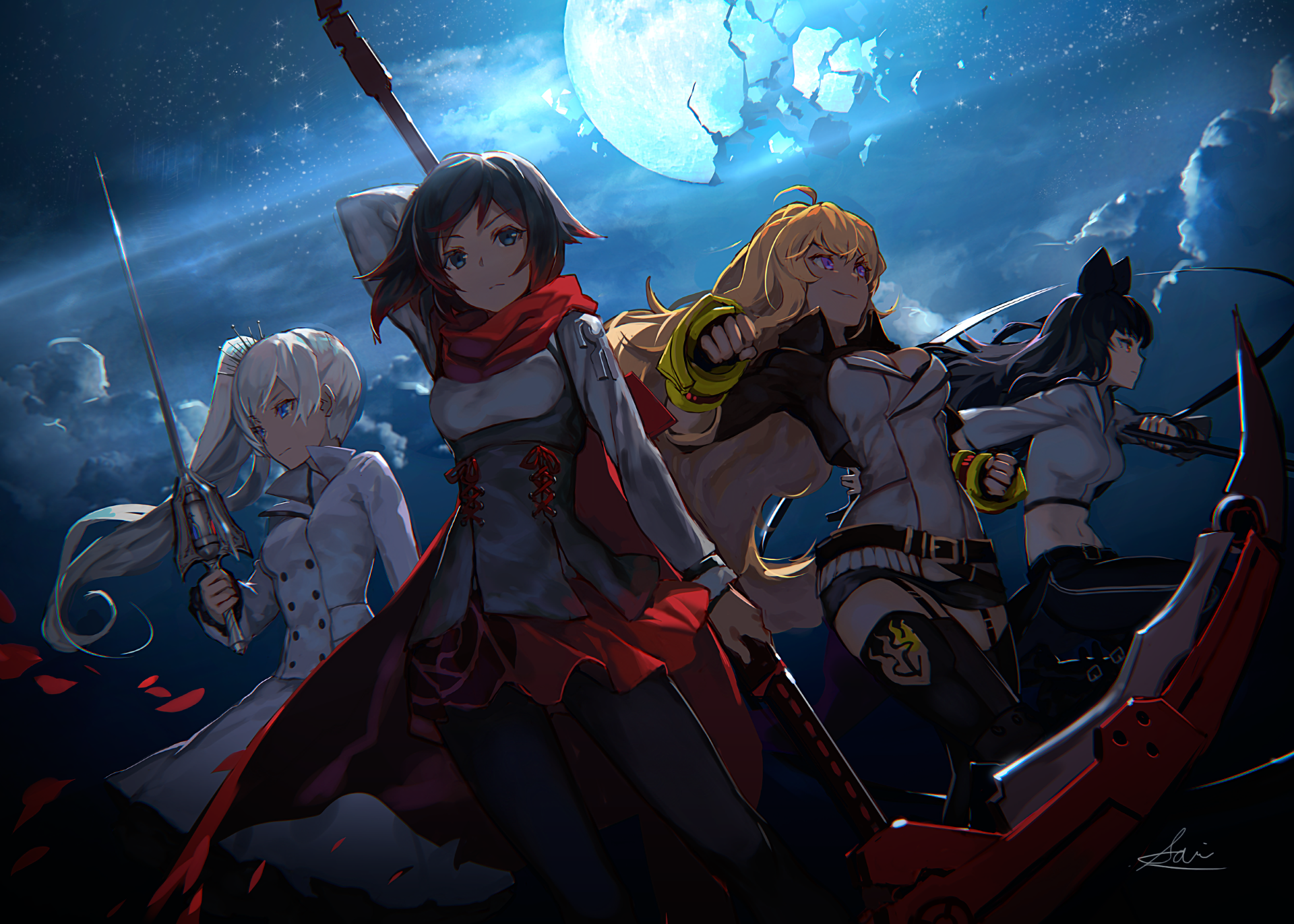 Team RWBY from RWBY standing under a broken moon HD Wallpaper