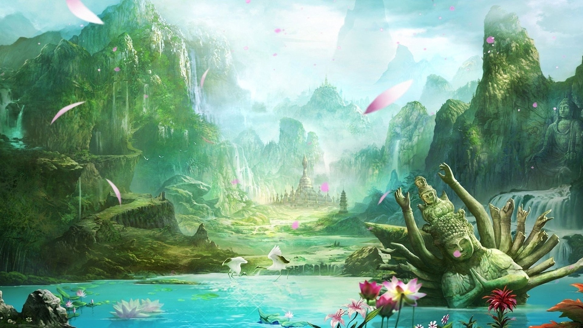 Fantasy landscape with mountains, waterfalls, and statues HD Wallpaper