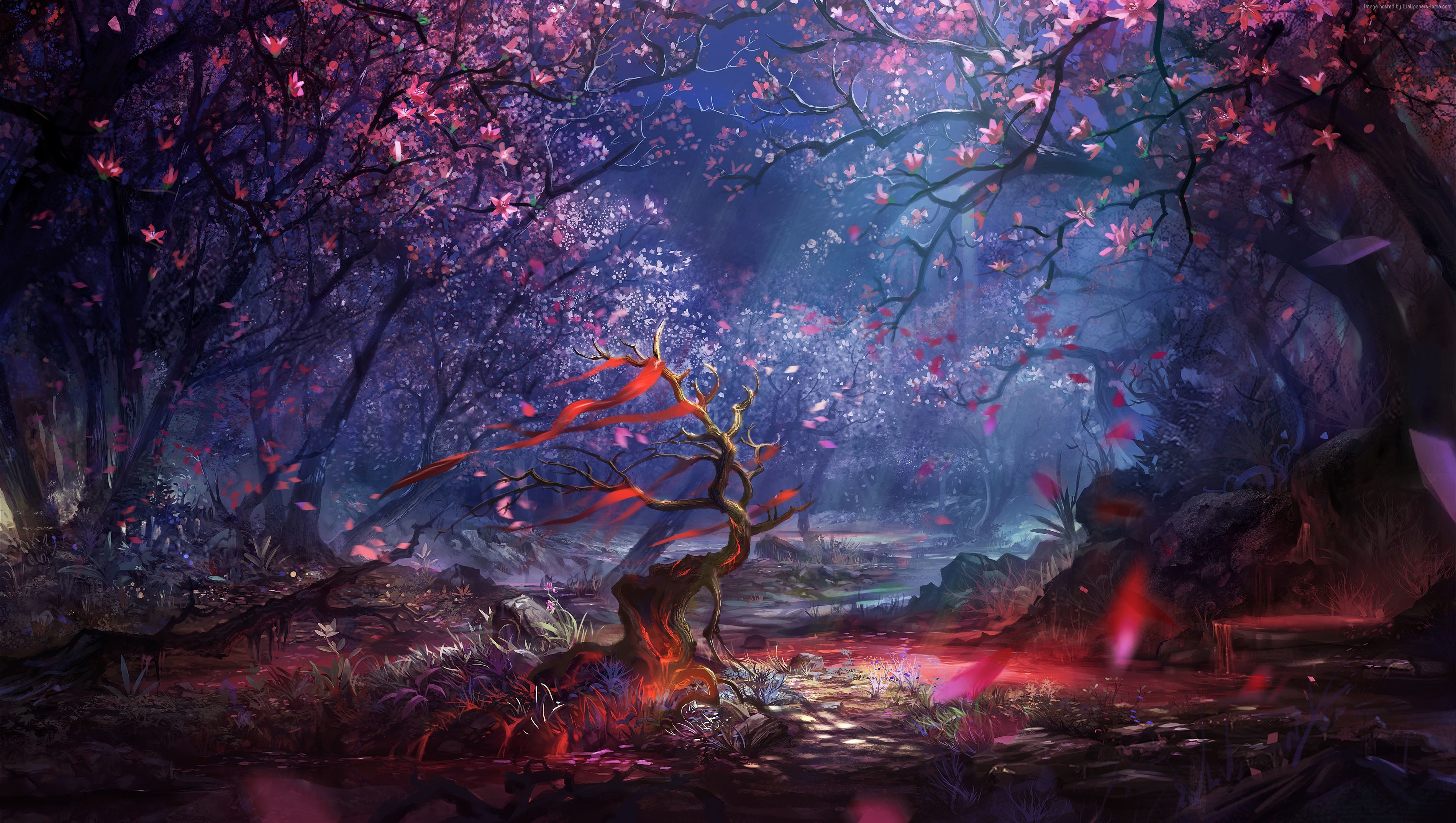 Magical forest with pink and purple trees HD Wallpaper
