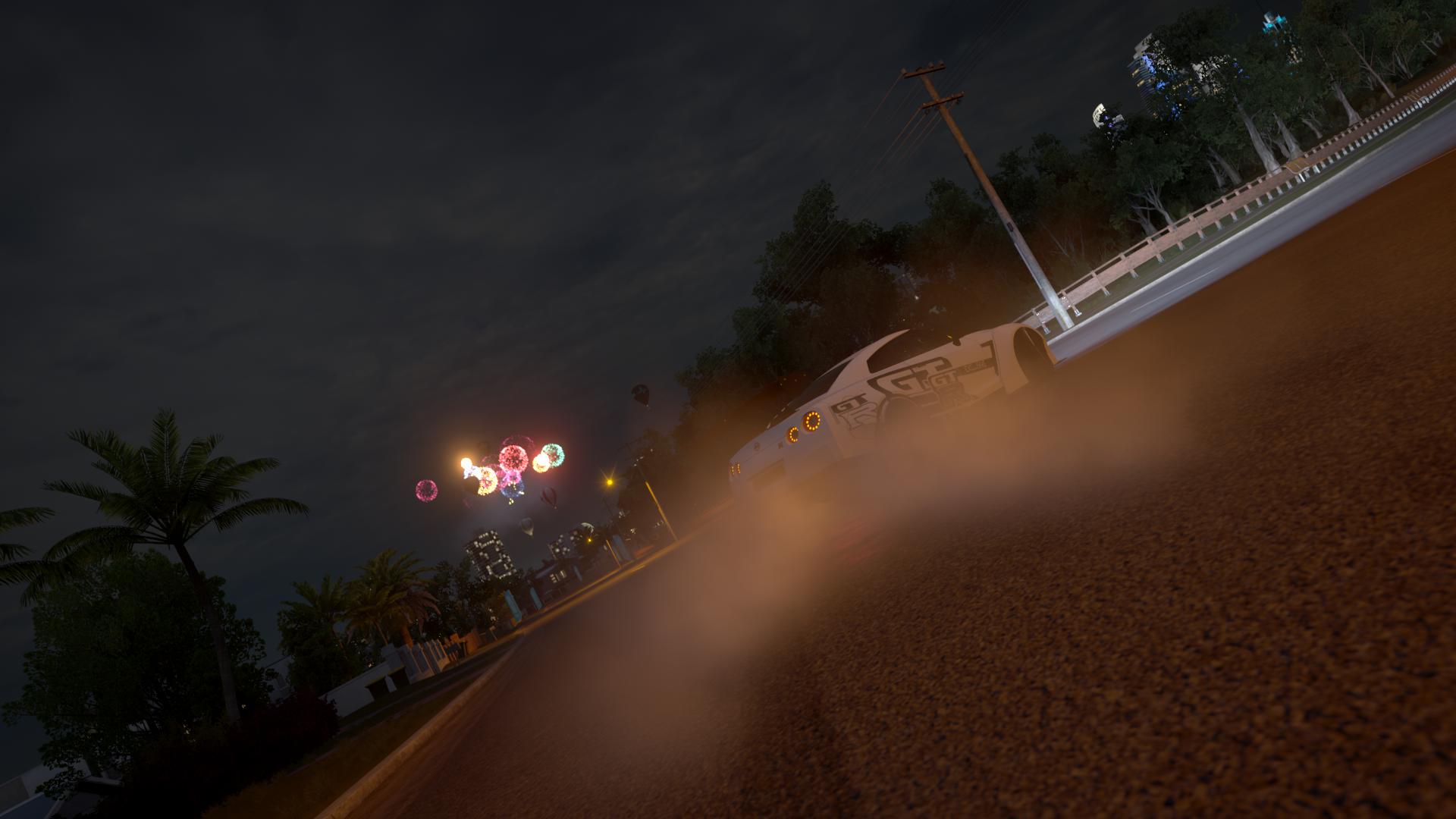 Car drifting at night with colorful orbs HD Wallpaper