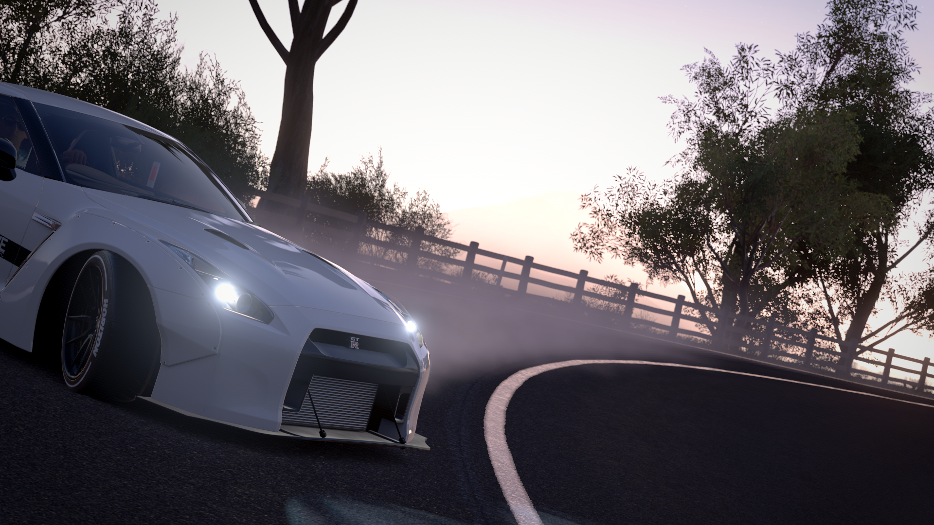 White Nissan GT-R driving on a foggy road HD Wallpaper