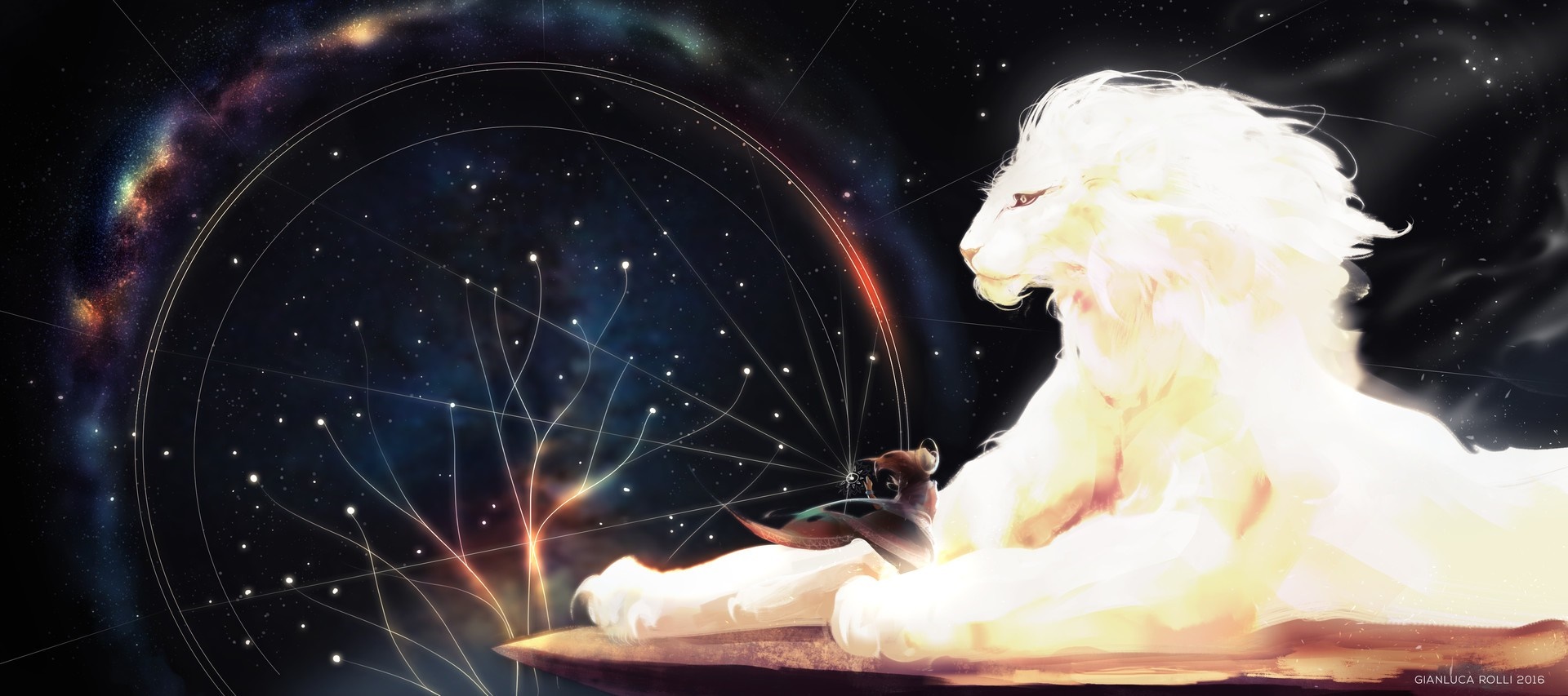 A white lion and a small figure in space with constellations HD Wallpaper