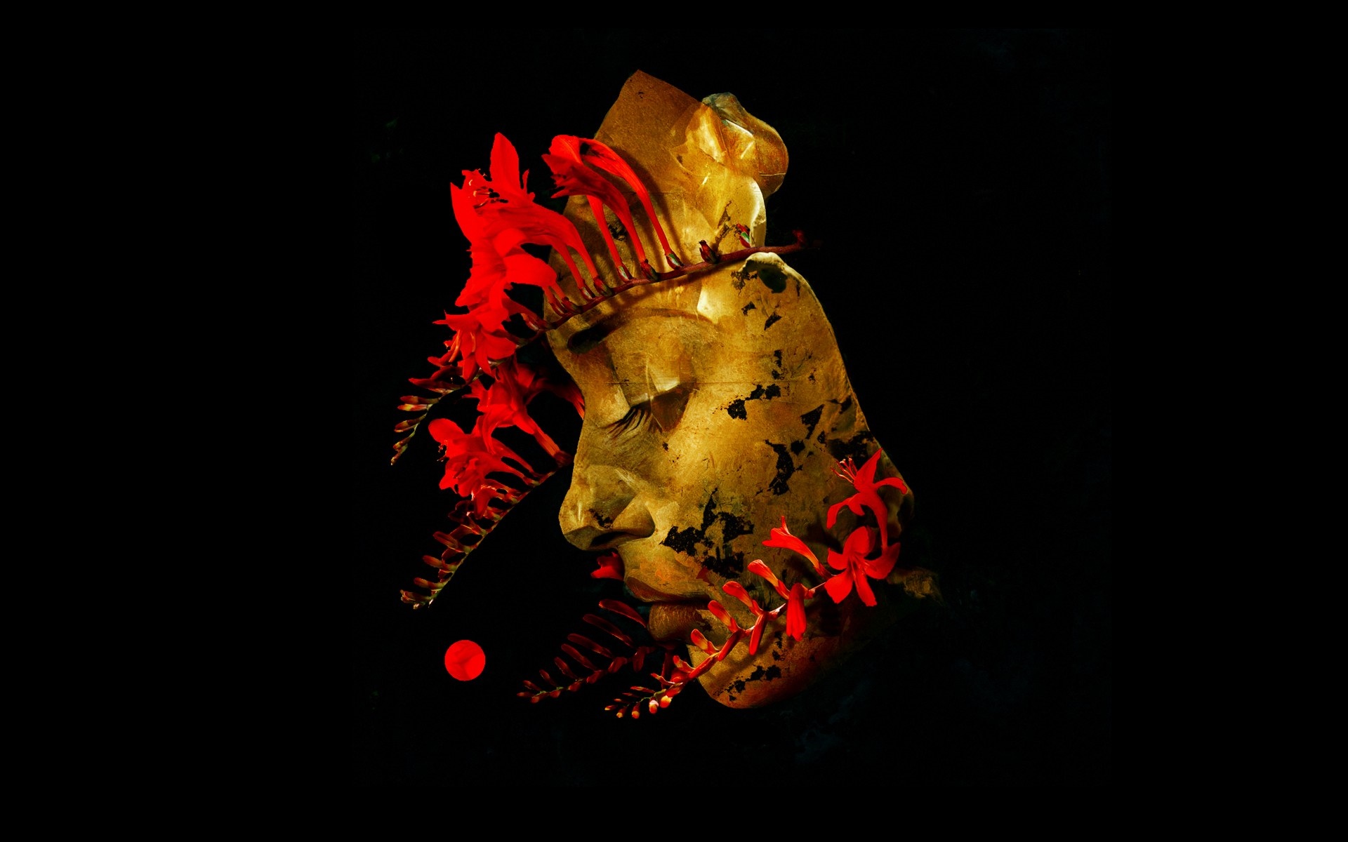 Golden bust with red flowers and a red circle HD Wallpaper