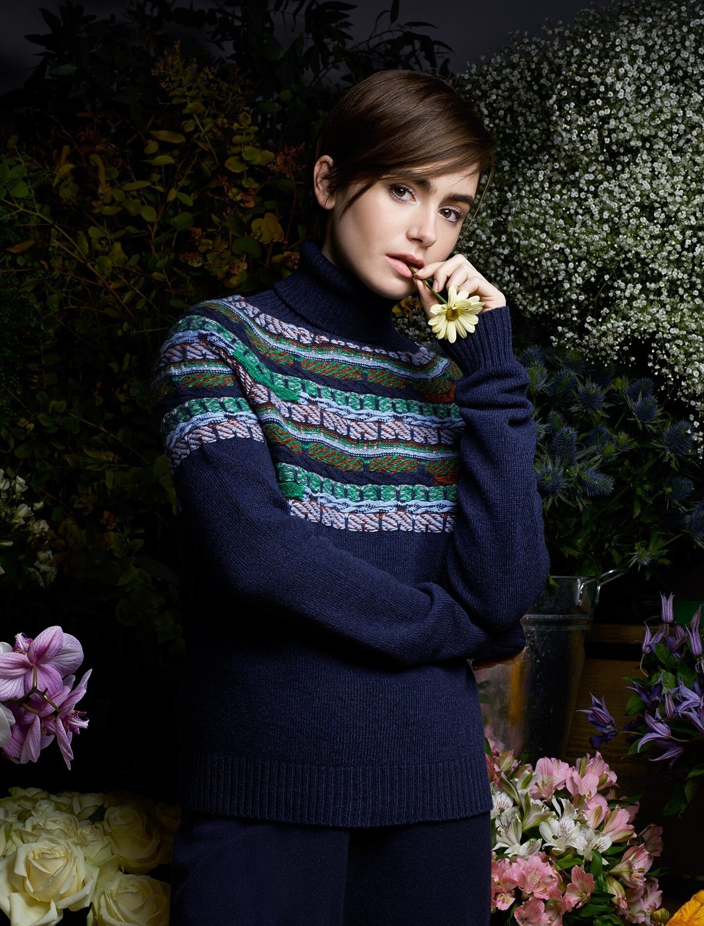 Lily Collins in a patterned turtleneck sweater HD Wallpaper