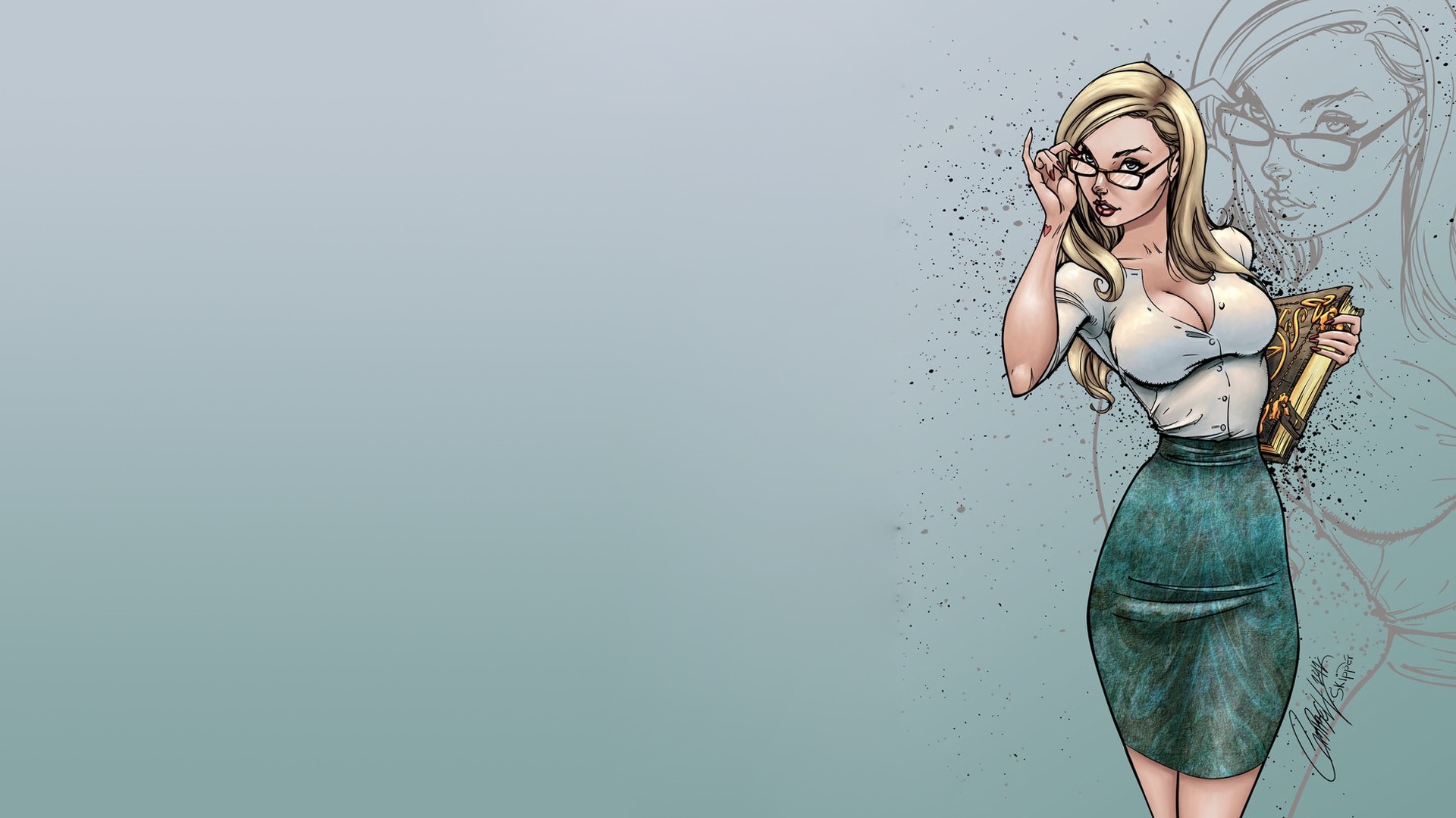 Illustration of a woman with glasses holding a book HD Wallpaper