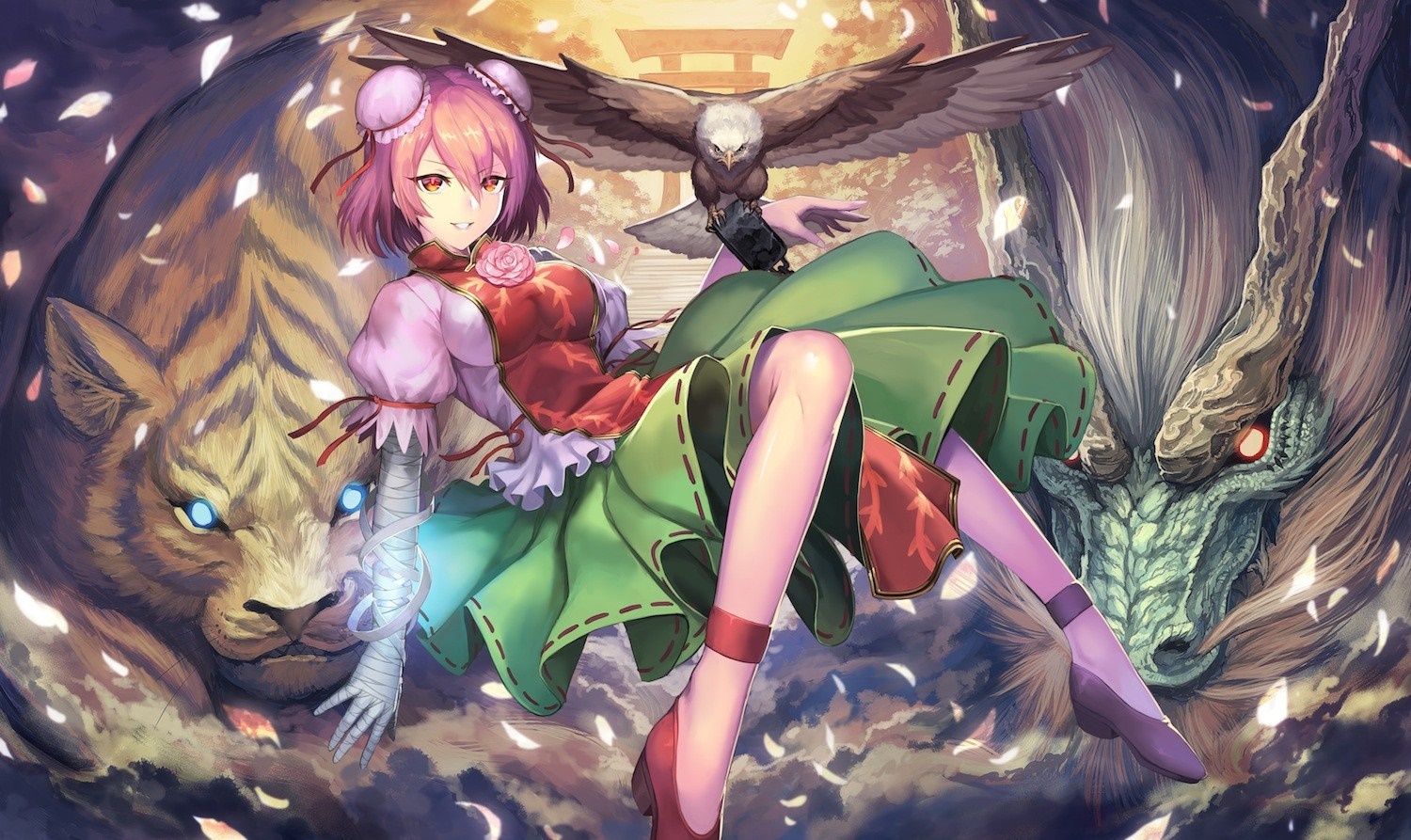 Chen from Touhou with Tiger, Dragon, and Hawk HD Wallpaper