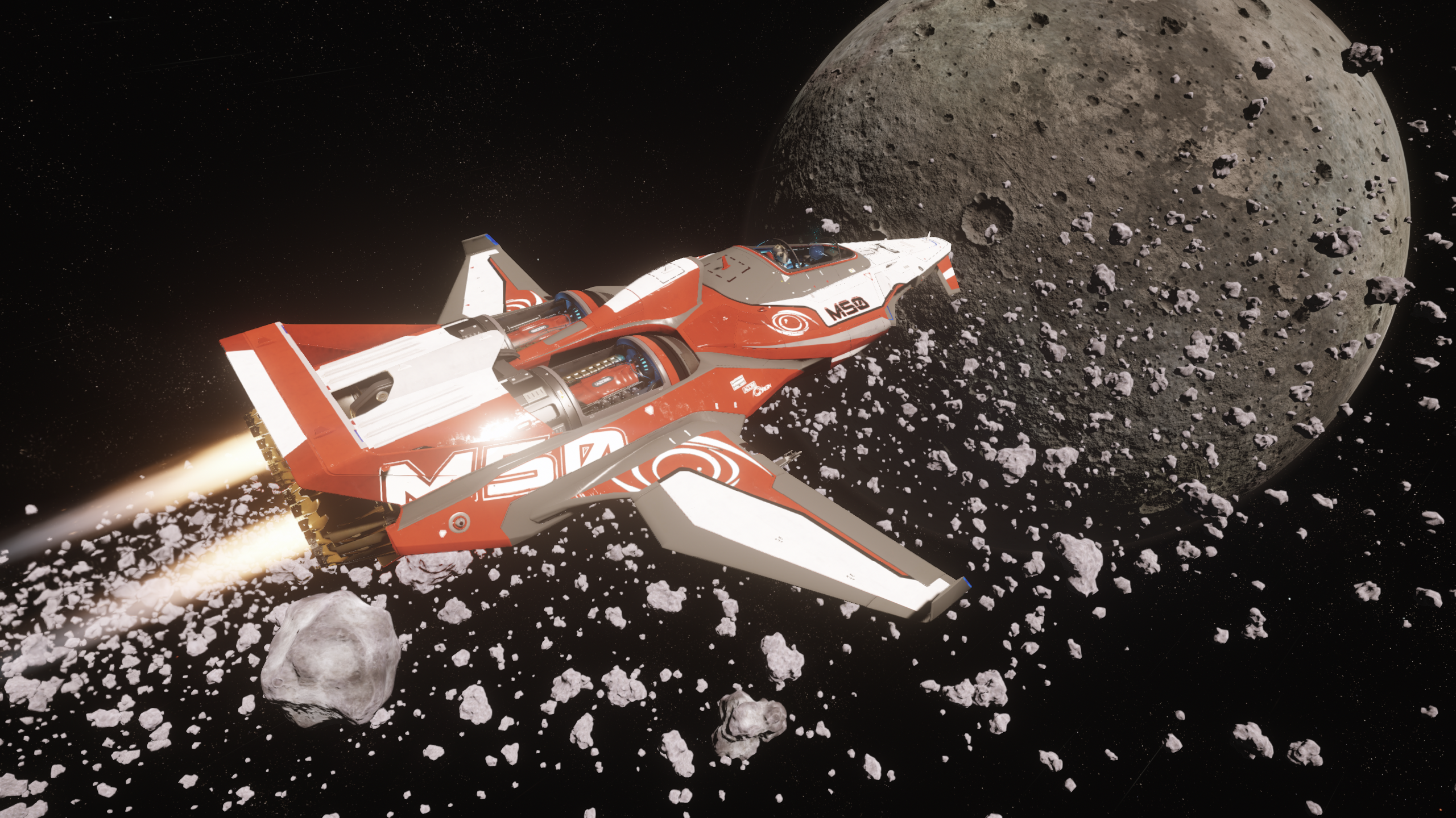 Origin M50 spacecraft in Star Citizen near an asteroid HD Wallpaper