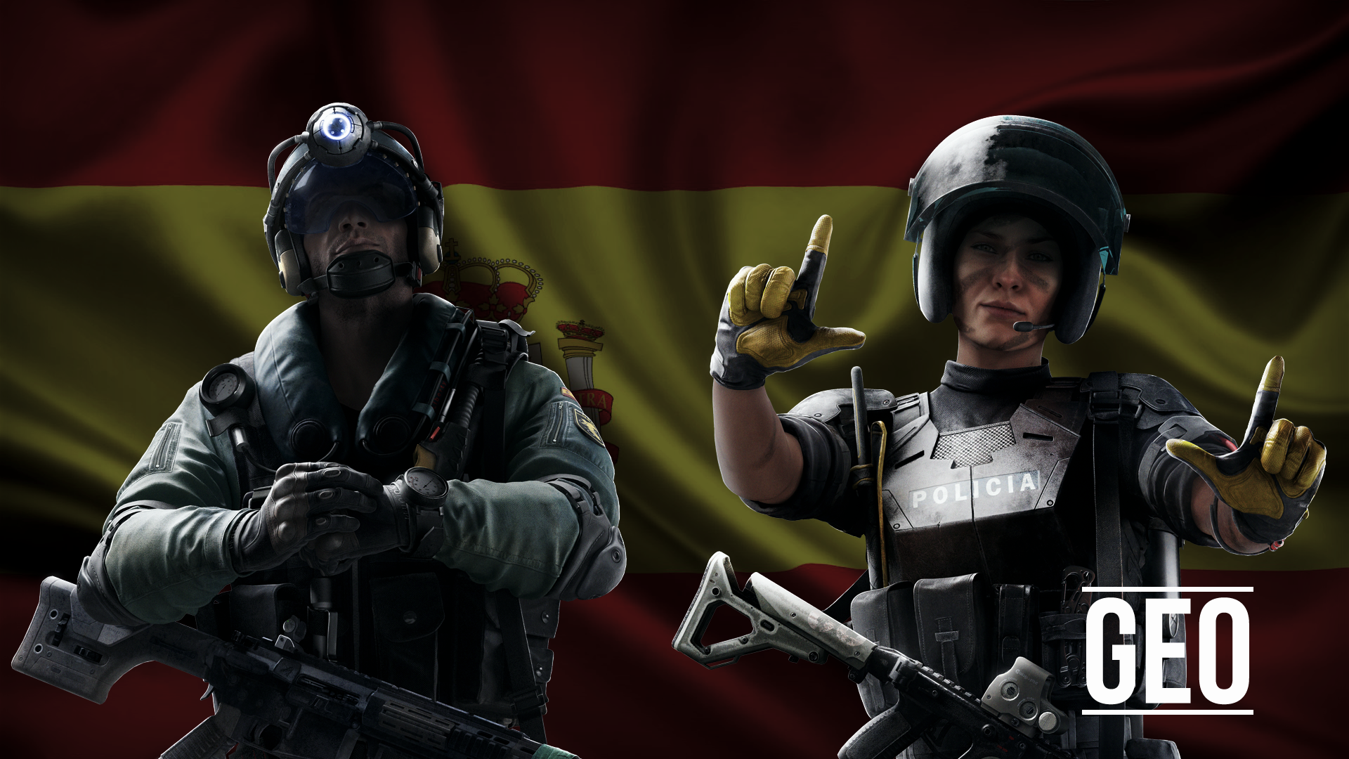 Two GEO operators from Rainbow Six Siege in front of the Spanish flag HD Wallpaper