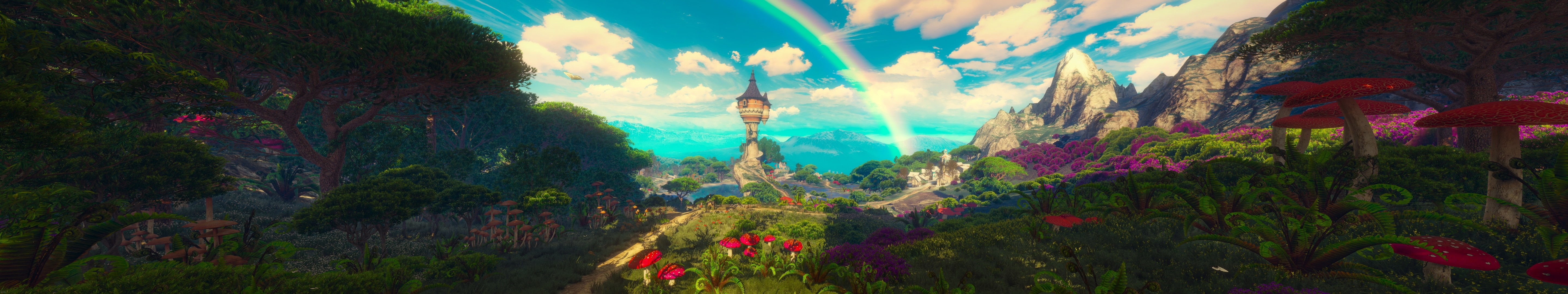 Fantasy landscape with tower and rainbow HD Wallpaper