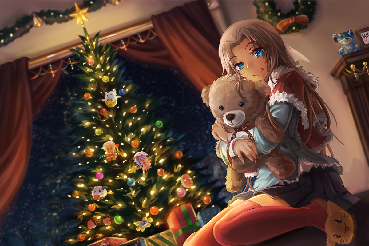 Anime girl hugging teddy bear by Christmas tree HD Wallpaper
