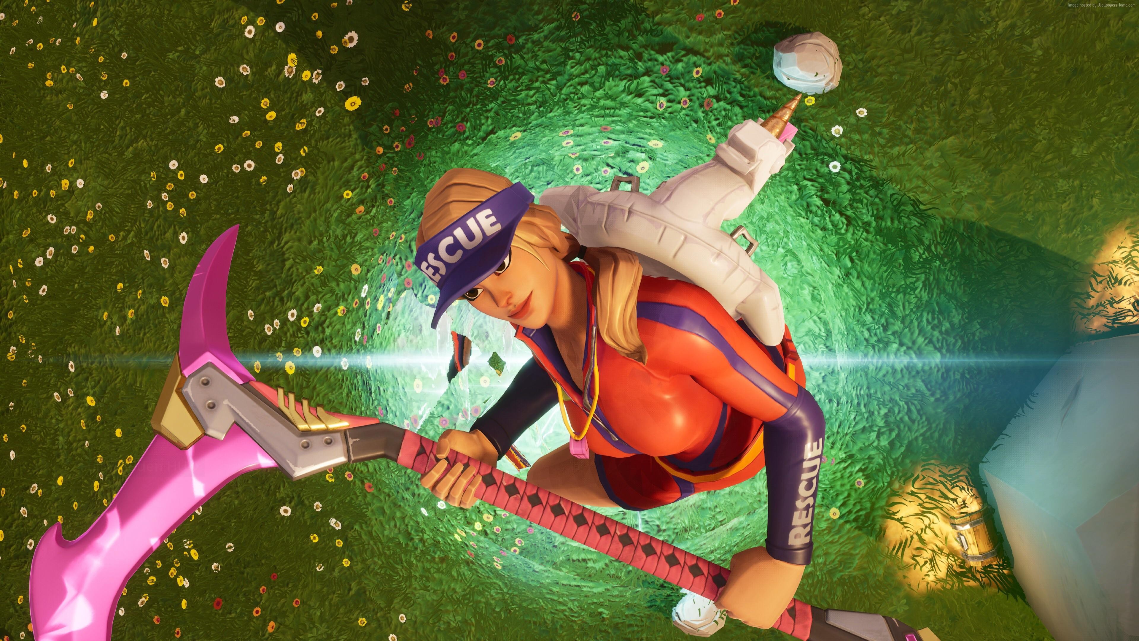 Fortnite character with pink pickaxe HD Wallpaper