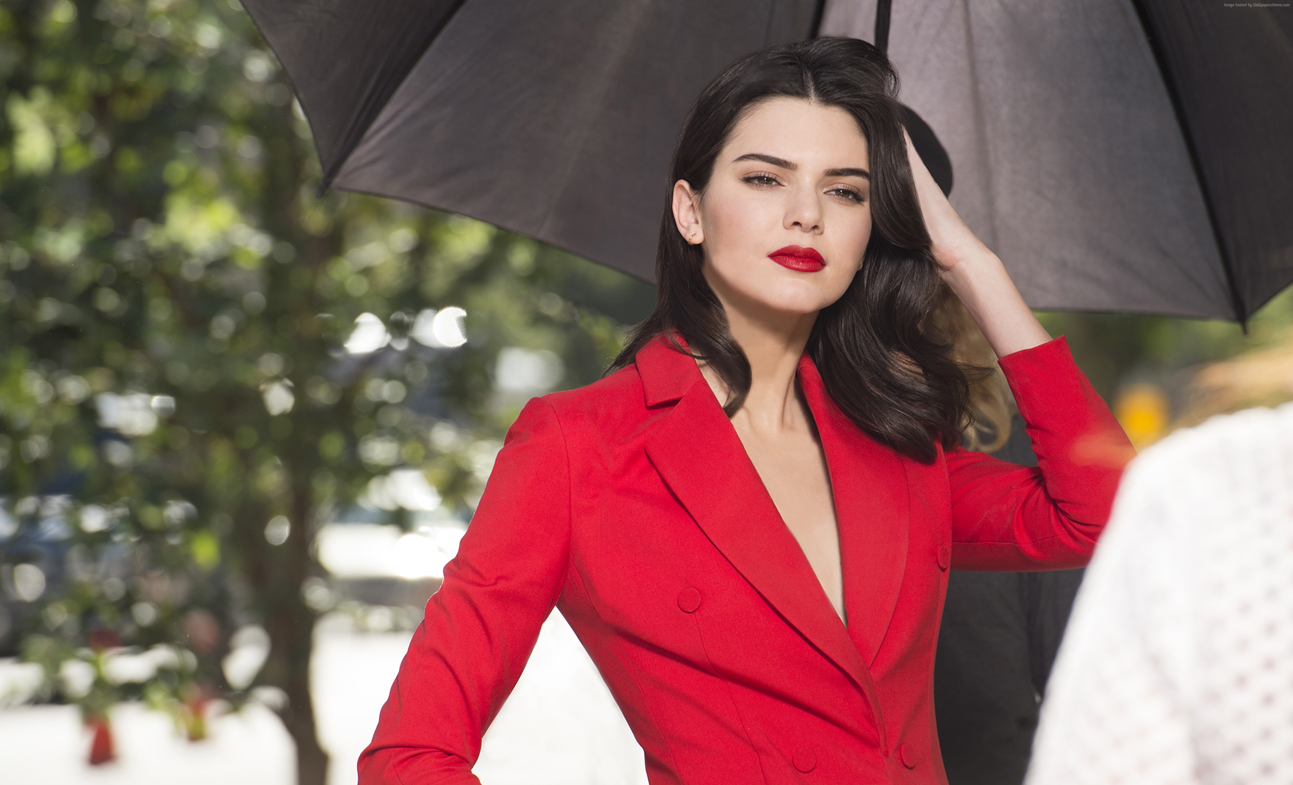 Kendall Jenner in red blazer under umbrella HD Wallpaper