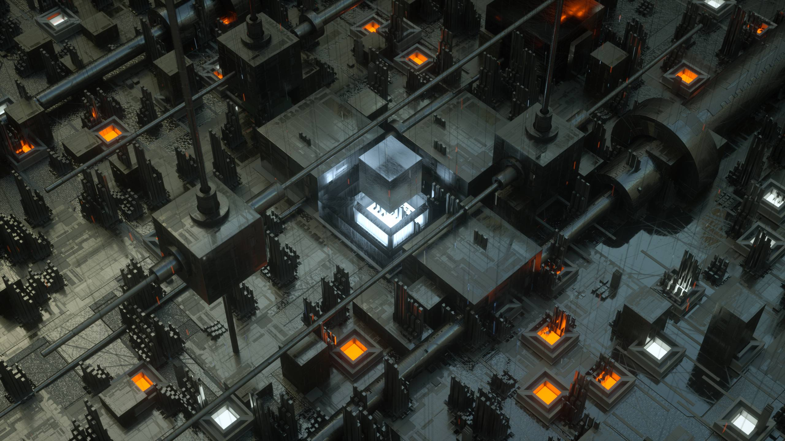 3D industrial complex with glowing furnaces HD Wallpaper