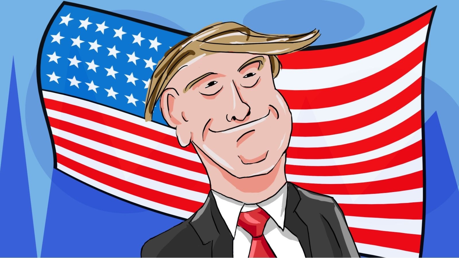 Donald Trump caricature in front of American flag HD Wallpaper
