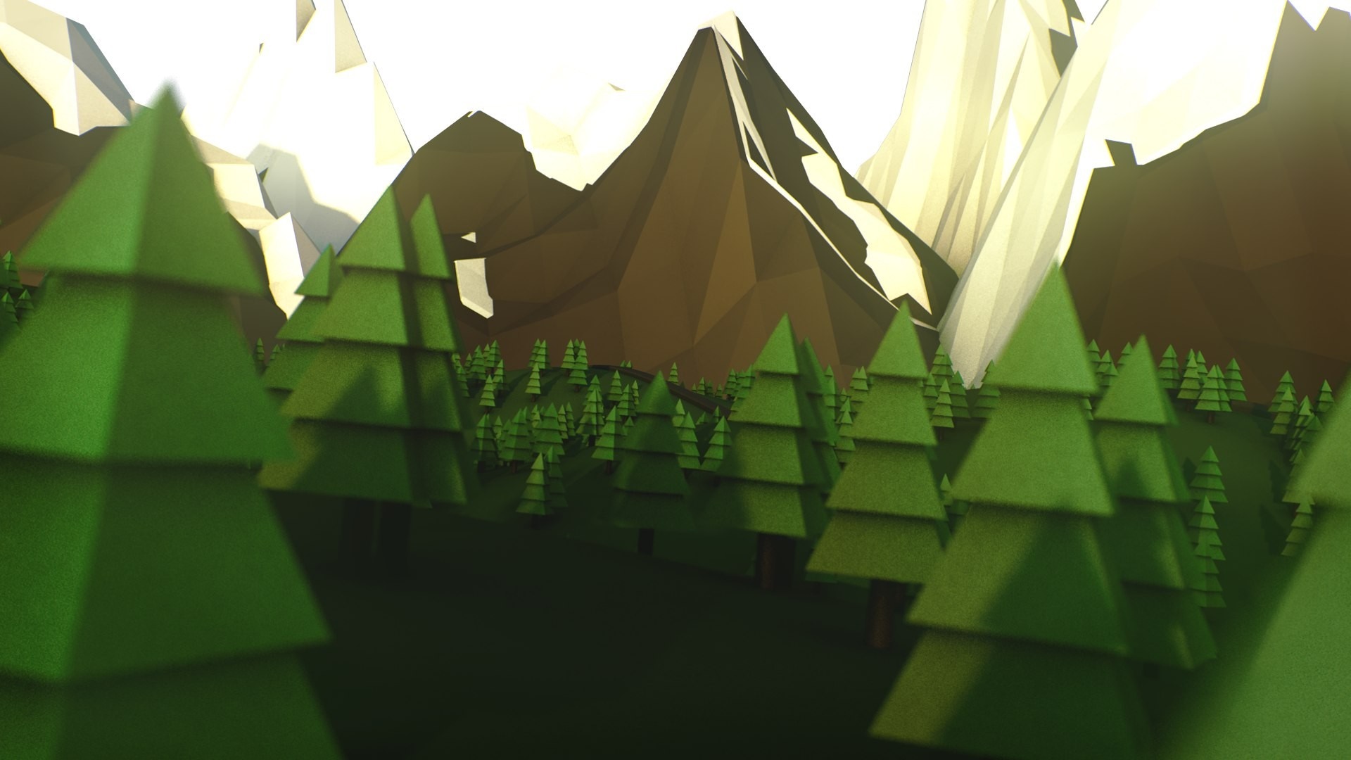 Low poly forest landscape with mountains and sunlight HD Wallpaper