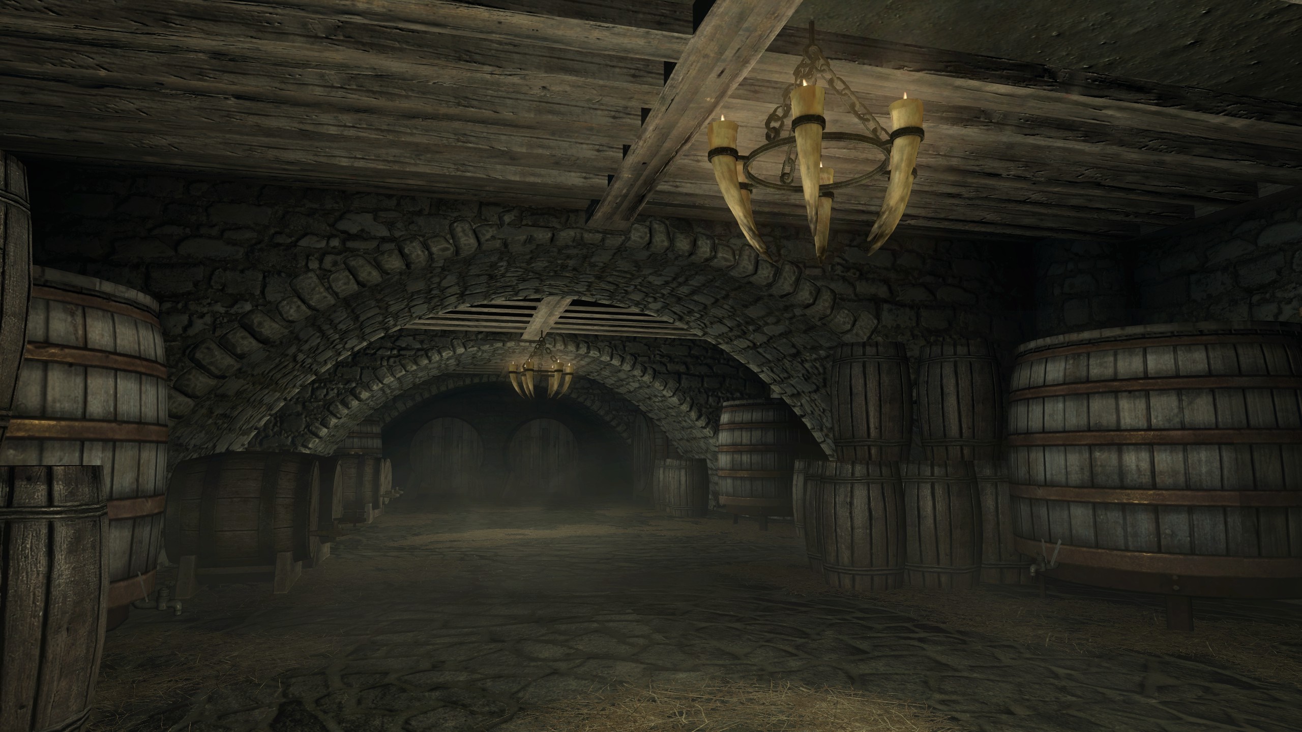 The Elder Scrolls V Skyrim cellar with barrels HD Wallpaper