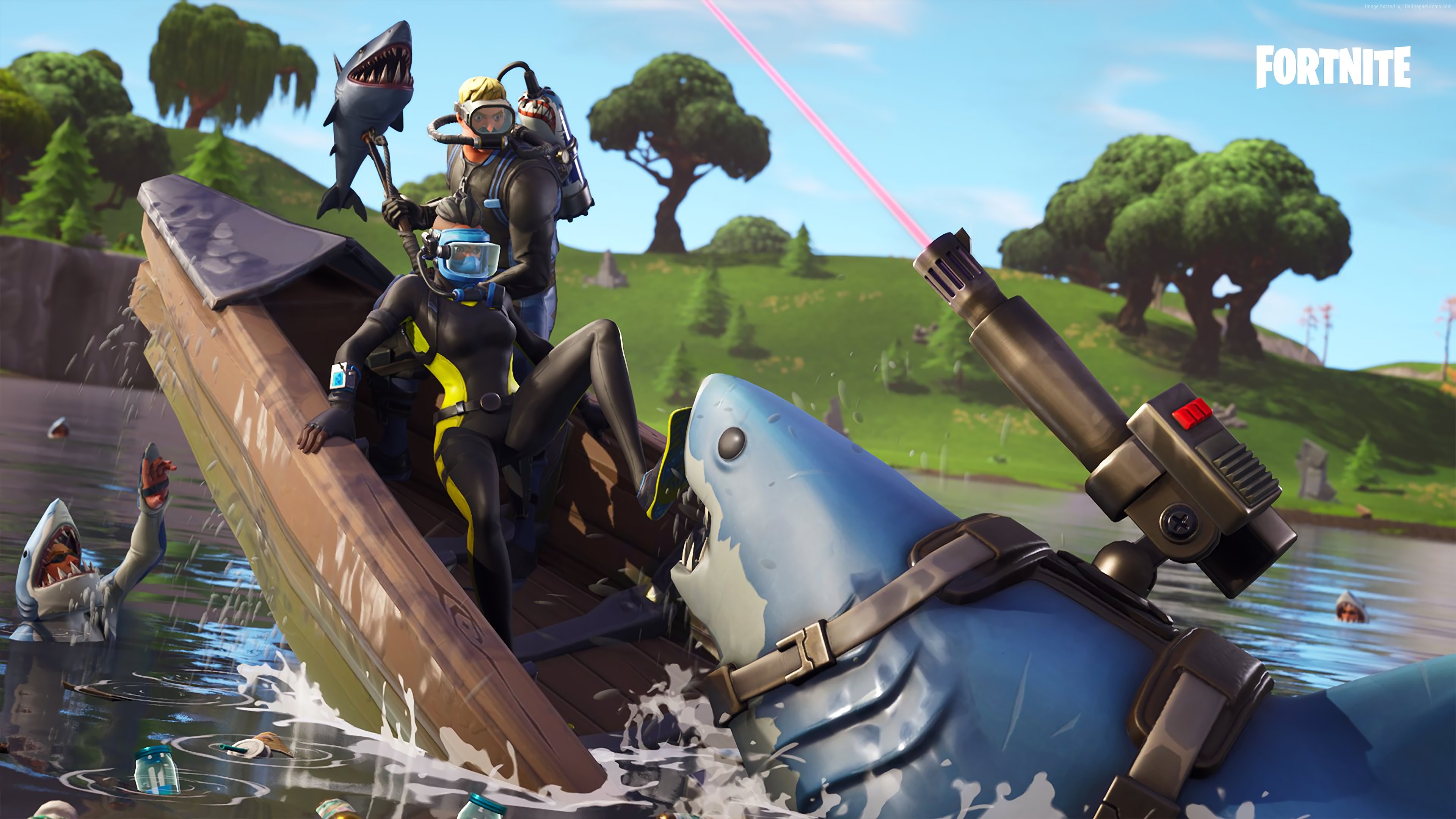 Fortnite 4K screenshot with divers and sharks HD Wallpaper