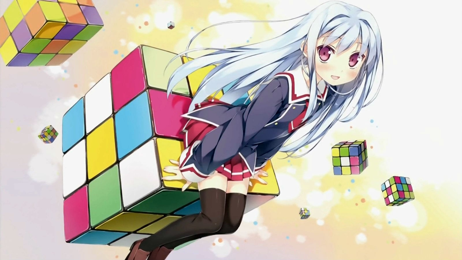 Anime girl with blue hair holding a Rubik's Cube HD Wallpaper