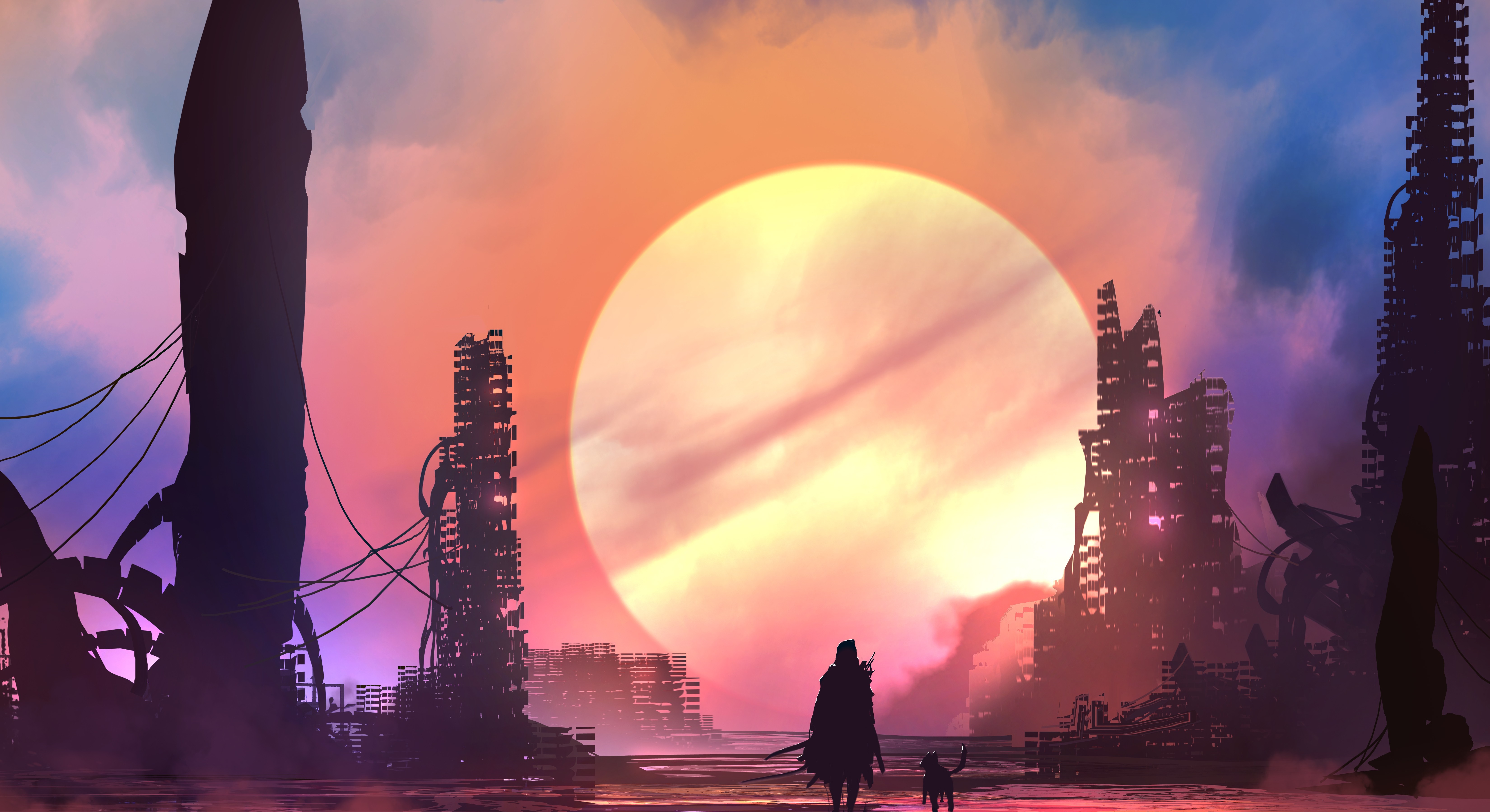 Illustration of a lone figure and dog walking through ruins at sunset HD Wallpaper