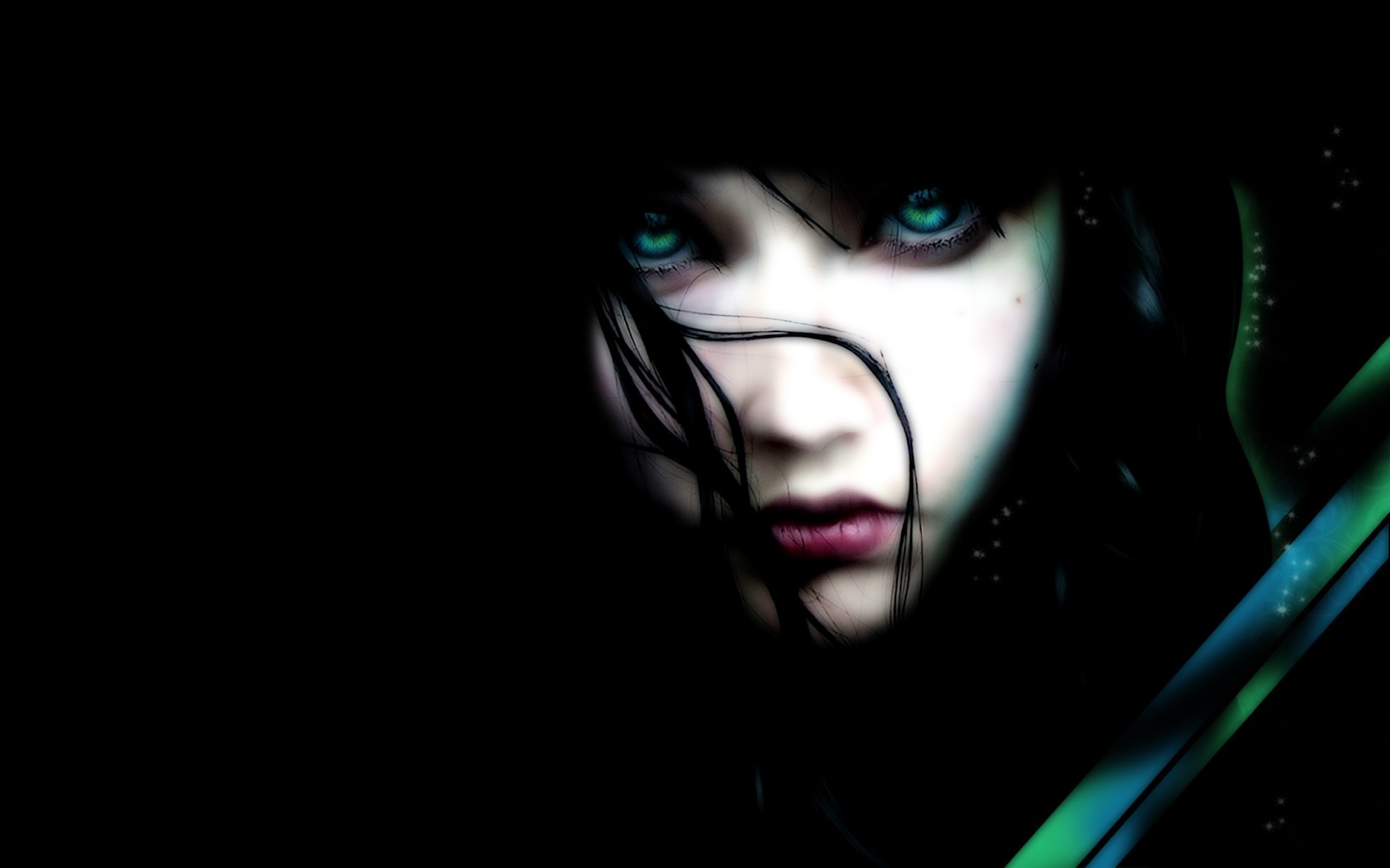 Woman with glowing blue eyes in darkness HD Wallpaper