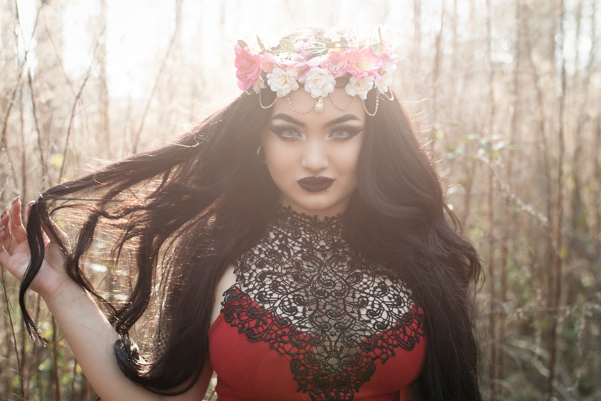 Woman with flower crown and dark makeup HD Wallpaper